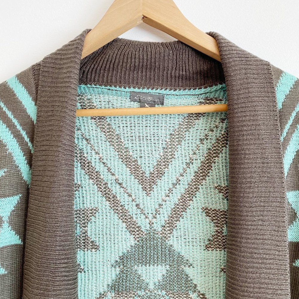 Eddie Bauer, NWOT, Women's Aztec Lightweight Open Cardigan, Teal/Brown, Large - Picture 2 of 9